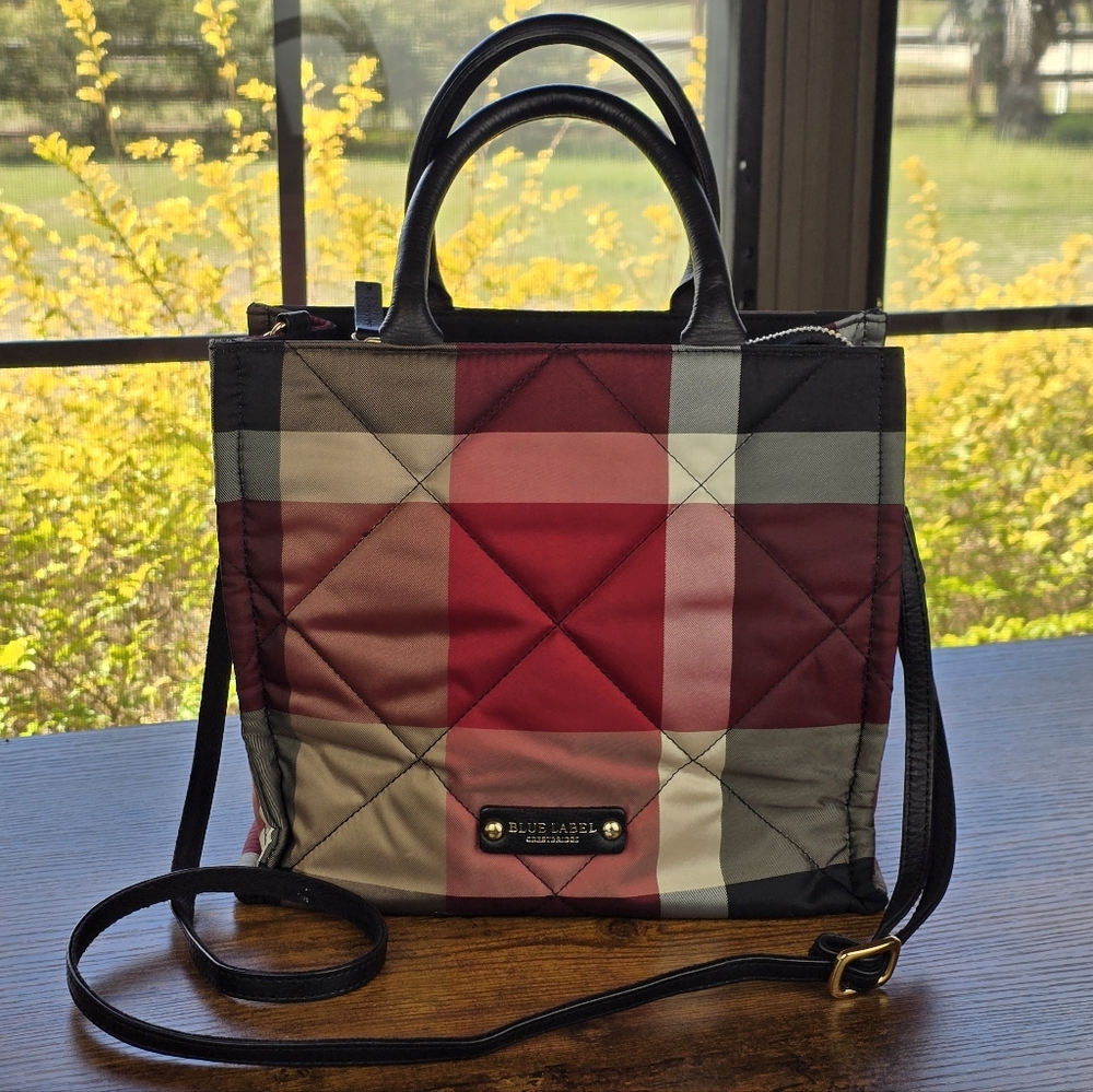 Crestbridge Blue Label Plaid Quilted Tote Bag Black Leather